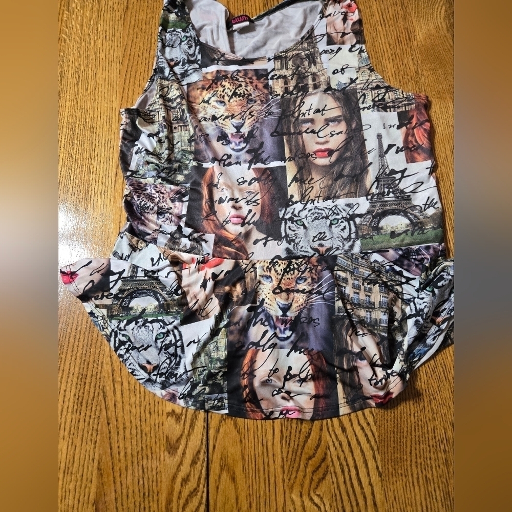 Vintage Blush Multicolor Graphic  Y2k Collage Sleevless Top Blouse Size 2xL